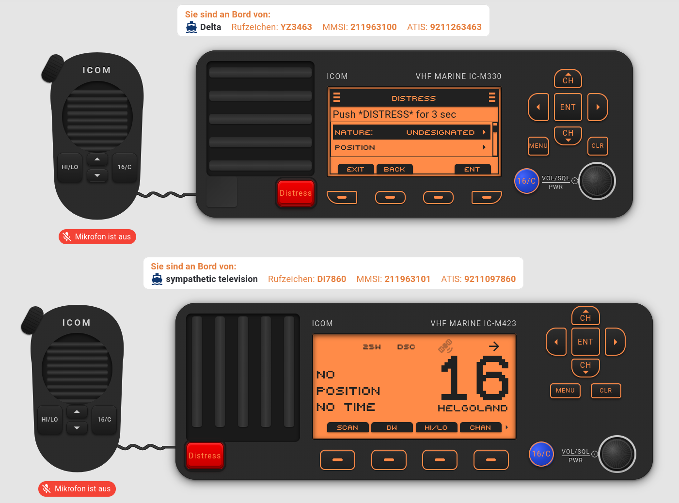 IC-M330 und IC-M423 im Simulator, beide mit beleuchtetem Display